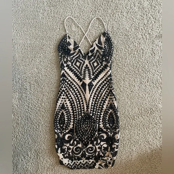 black and nude sequin dress Black Nude Sequin Illusion High Slit Long Dress Olvi's Lace